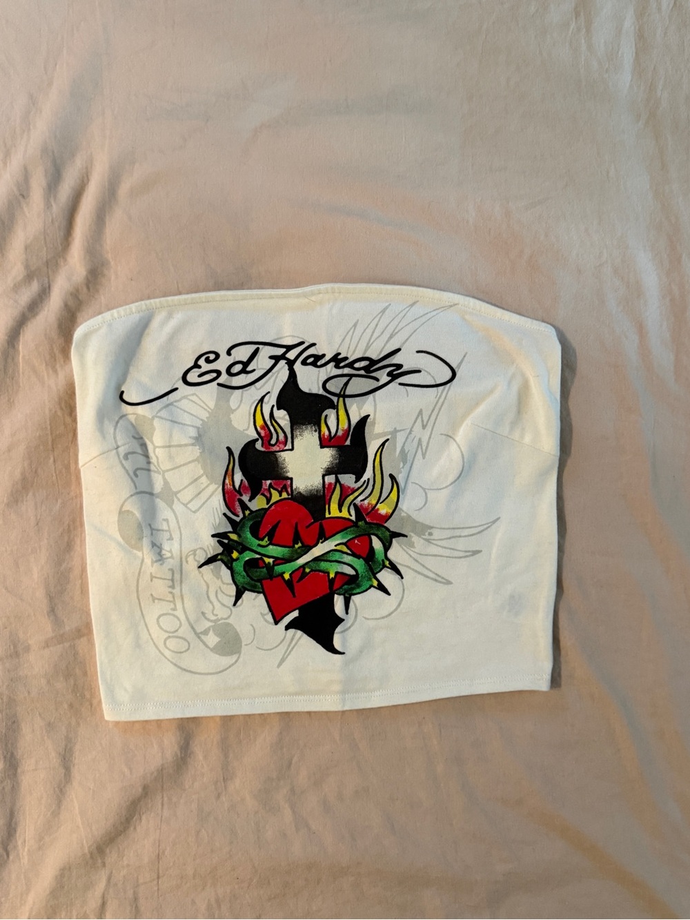 Ed Hardy White Strapless Tube Top with Red Heart and Flaming Cross Graphic